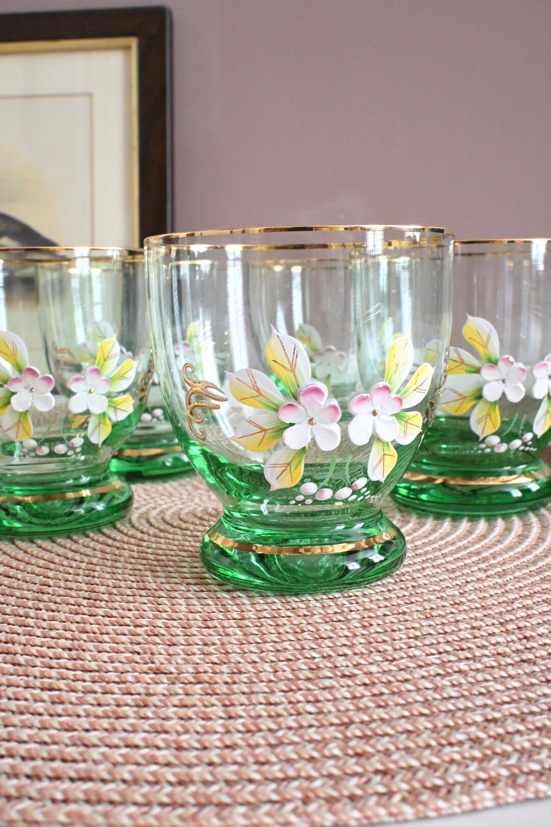 Set vintage Boheemse smaragdgroene kristallen glazen