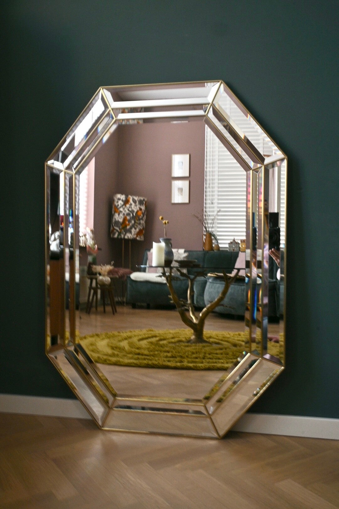 Grote spiegel met Facet geslepen glas, achthoekig