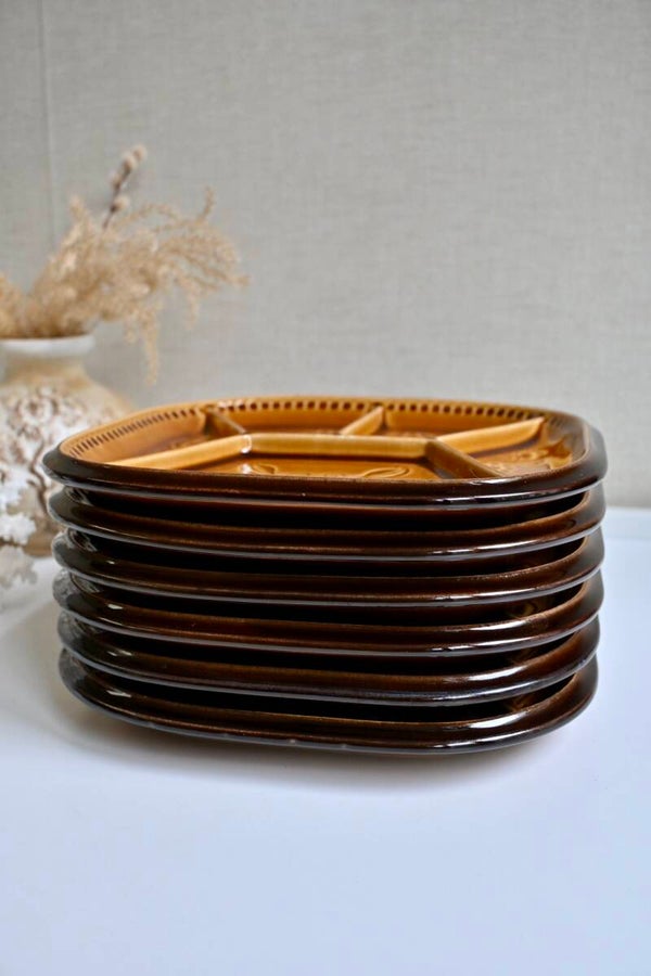 Zes vintage fondue borden oker geel/bruin
