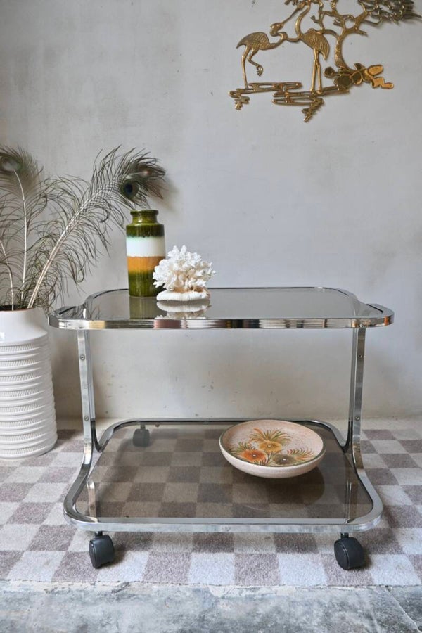 Vintage space age trolley, bijzettafel, rookglas 70’s