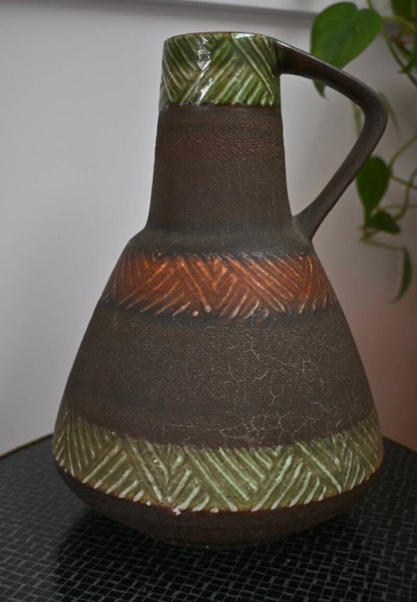 West Germany Vaas Met Relief Patroon in Oranje Bruin en Groen