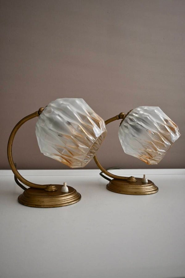 Prachtige Set Vintage Mid-Century bedlampjes Messing & Diamantglas (Jaren 50/60)