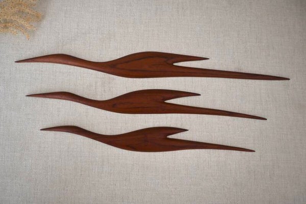 Set van 3 Vintage Teakhouten Wandvogels Mid-Century Deens Design (Jaren '60)