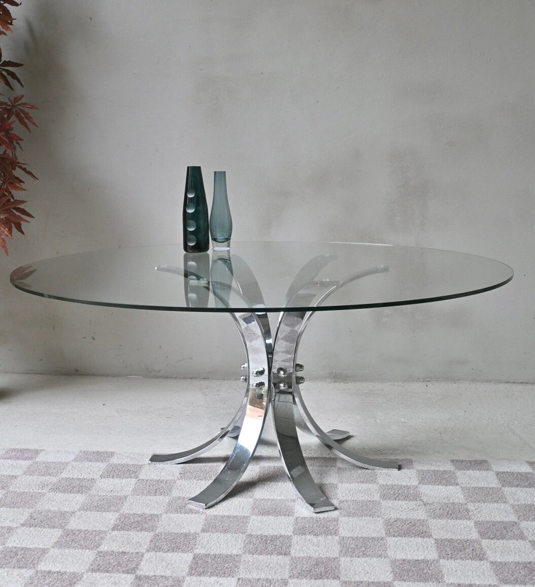 Ronde glazen salontafel met RVS onderstel