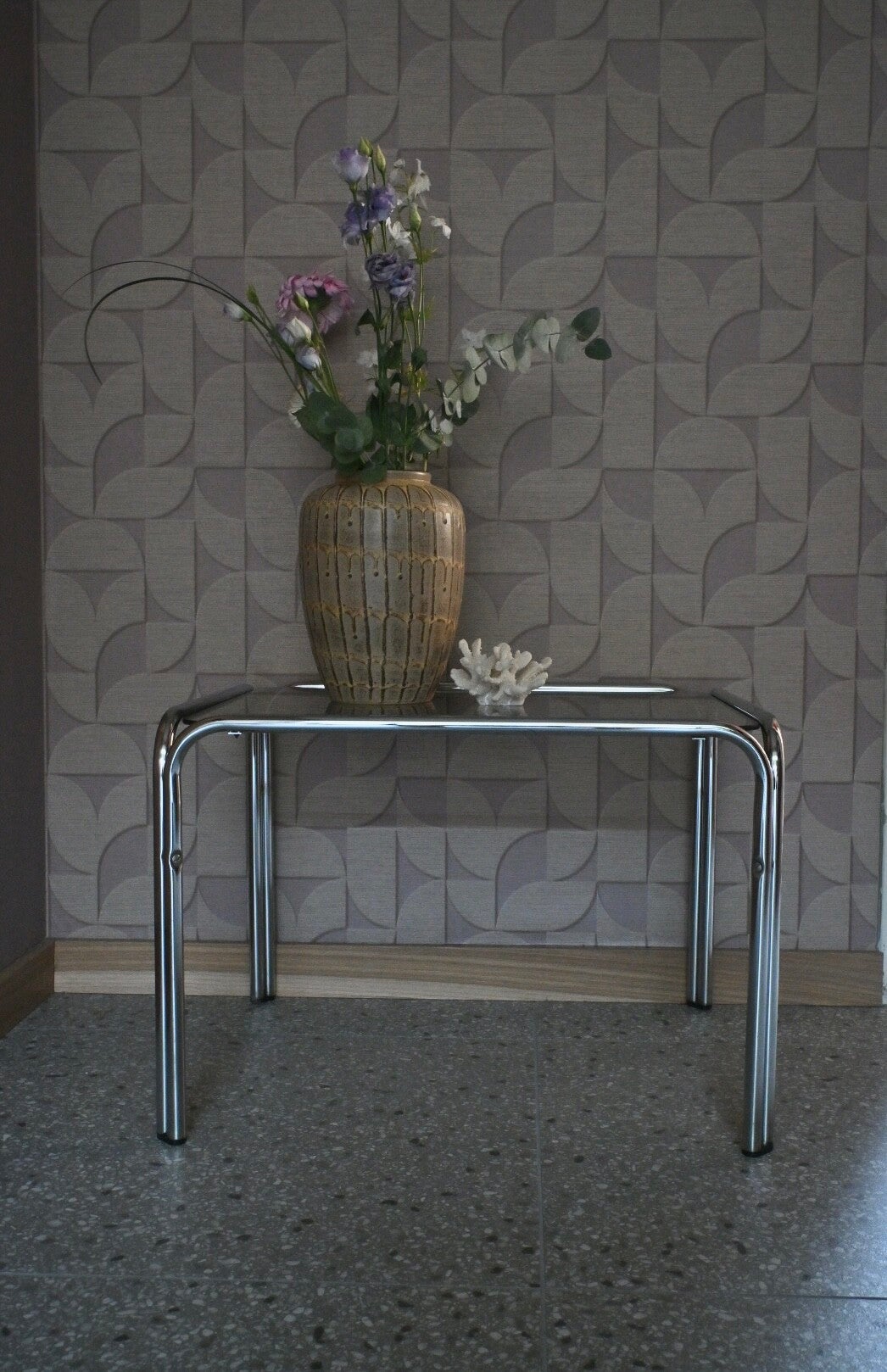 Buizenframe vintage bijzettafel met rookglazen blad