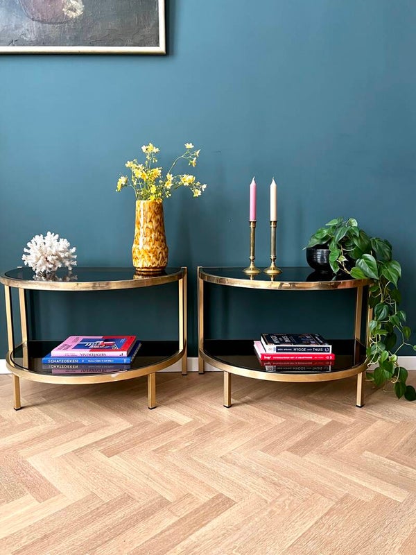 Messing bijzettafeltjes/salontafel rookglas