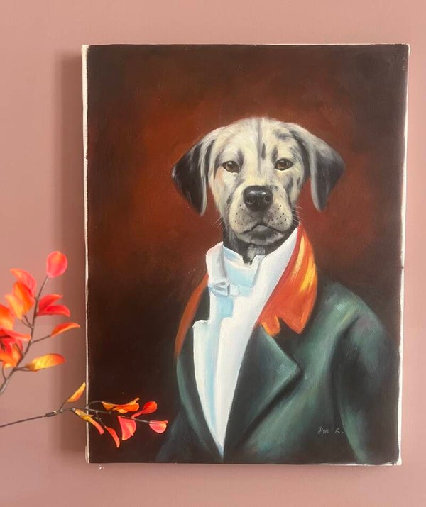 Olieverf schilderij hond in kostuum