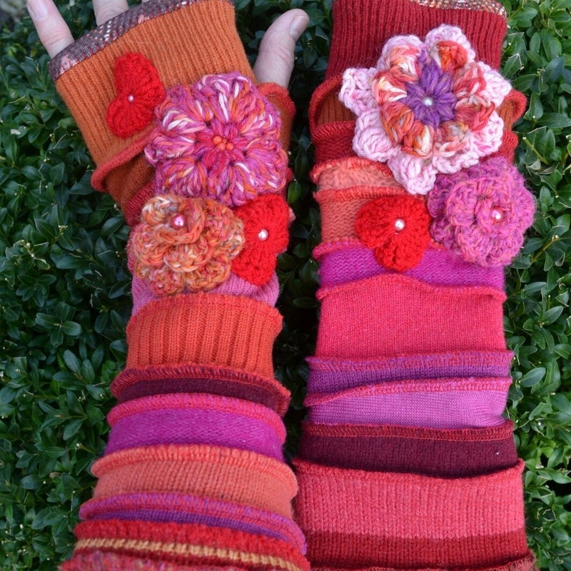 red-orange-pink with crochet flowers