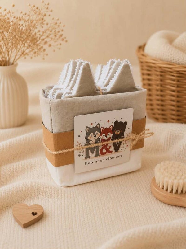 Coffret panière & 10 cotons lavables – Collection M&V 🦊🐺🐻
