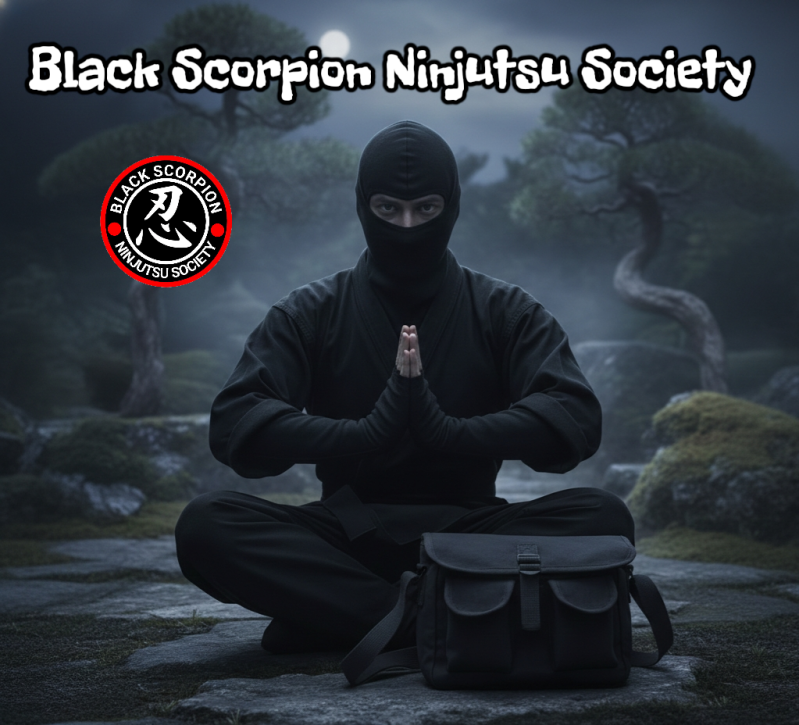 A Black Scorpion Ninjutsu Society ninja sitting on the ground in meditation. 