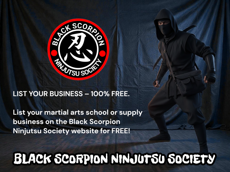 A Black Scorpion Ninjutsu Society banner featuring a ninja and a advertisement for a FREE MARTIAL ARTS Directory. 