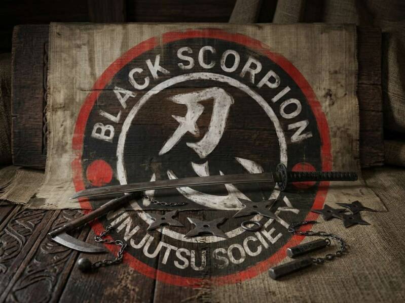 Traditional Ninja Weapons and the Black Scorpion Ninjutsu Society logo