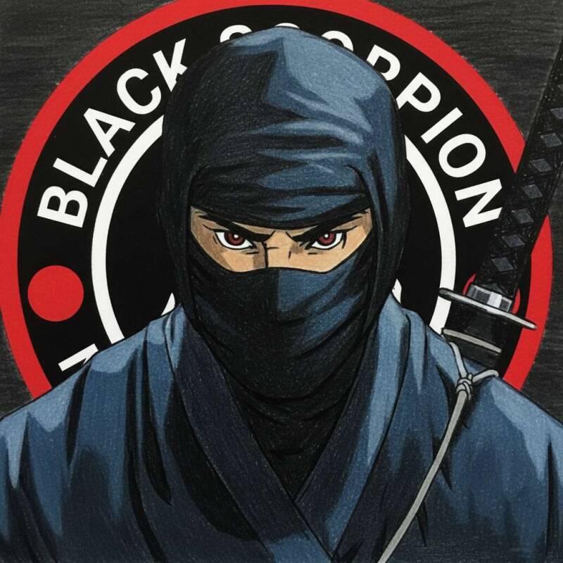 A Ninja in front of the Black Scorpion Ninjutsu Society logo
