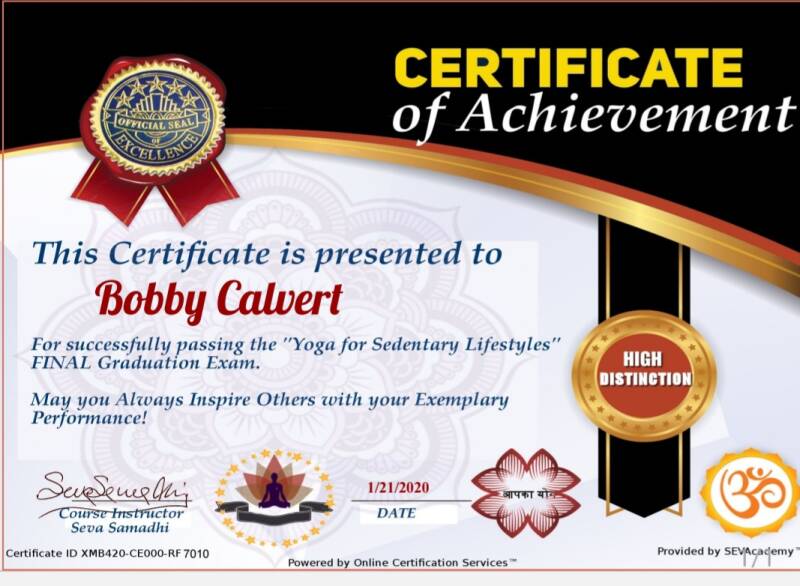 Certificate of Achievement, Yoga for Sedentary Lifestyles 