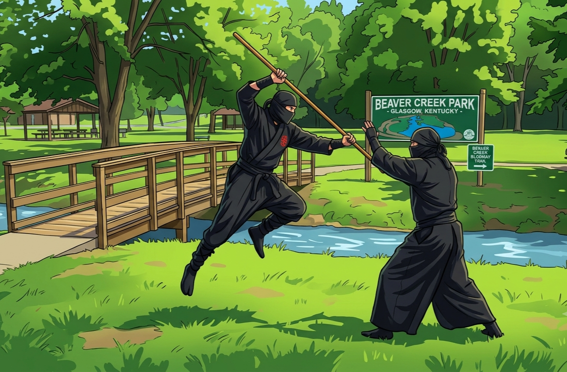 Adults participating in a ninjutsu training session surrounded by nature in Southern Kentucky
