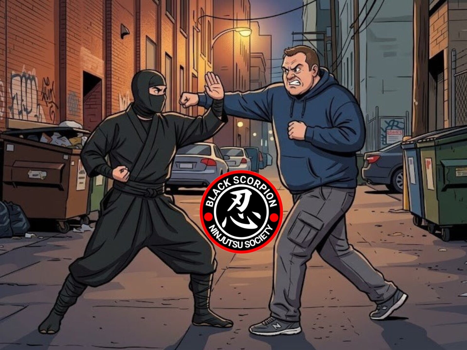 A ninja blocking a punch from a larger attacker
