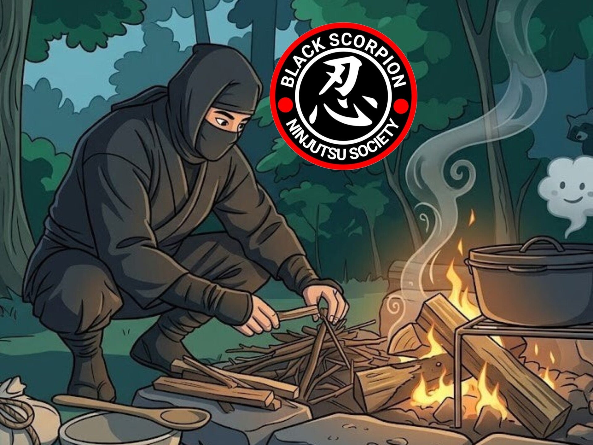 A Ninja building a campfire