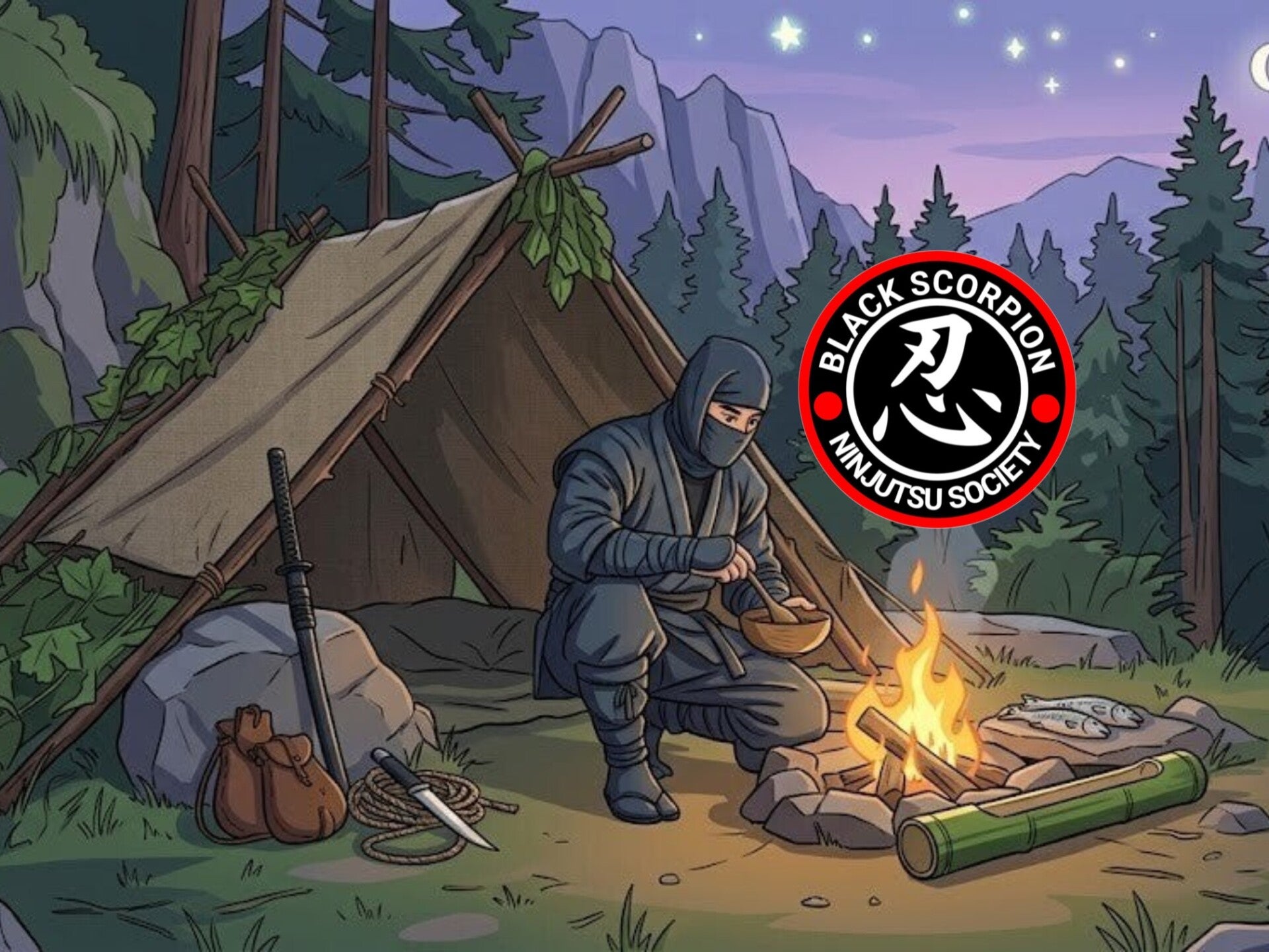 A ninja sitting outside a homemade shelter by a campfire at a ninja survival camp