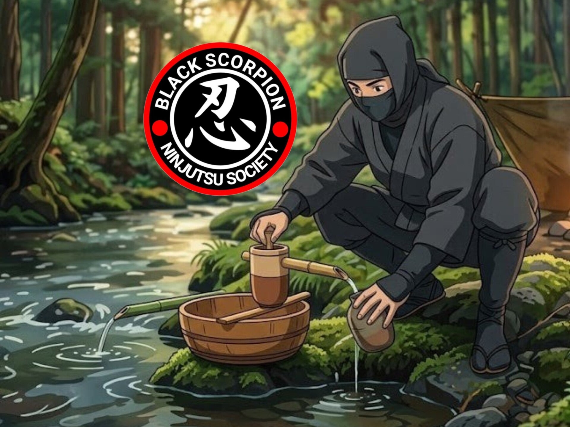 A ninja collecting water in a survival situation