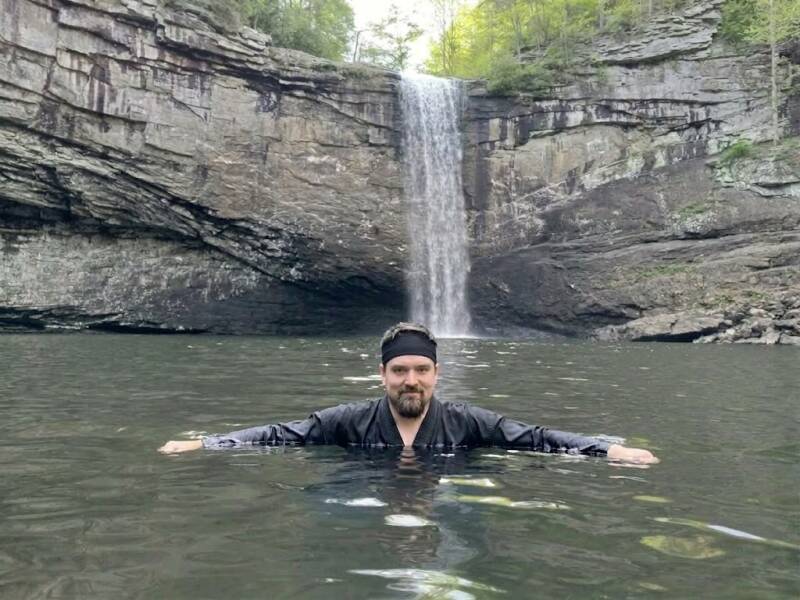 Bobby Calvert, also known as Ninja Bob, undergoing outdoor ninja water training and natural element conditioning at Ozone Falls, Tennessee.