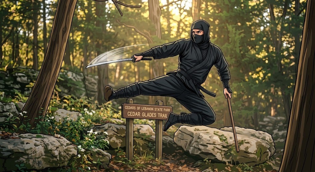 a graphic of a ninja training at Cedards of Lebanon State Park in Wilson County Tennessee