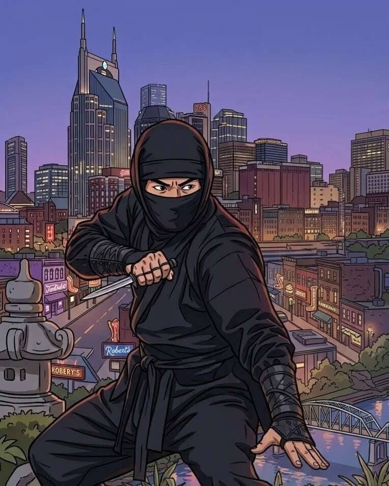 A colorful comic-style illustration of a ninja in a black outfit and hood holding a blade, crouched on a rooftop overlooking the Nashville, Tennessee skyline at dusk, featuring the iconic Batman Building in the background.