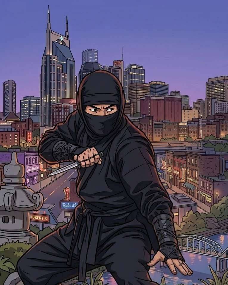 A colorful comic-style illustration of a ninja in a black outfit and hood holding a blade, crouched on a rooftop overlooking the Nashville, Tennessee skyline at dusk, featuring the iconic Batman Building in the background.