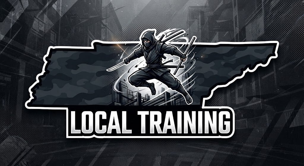 A Black Scorpion Ninjutsu Society graphic with a ninja leaping with a sword in Middle Tennessee