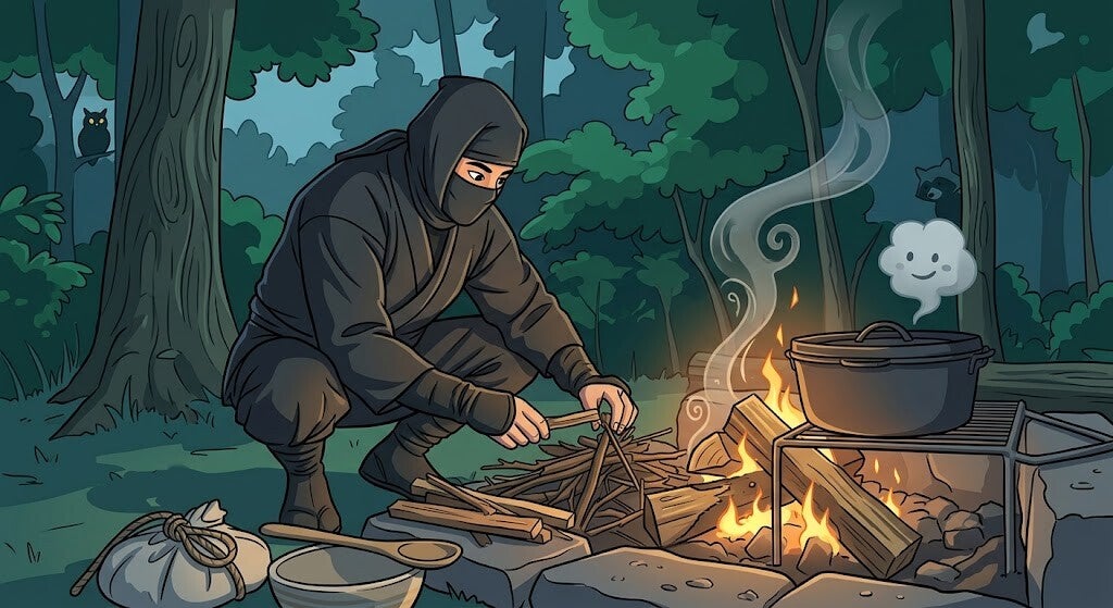 A Ninja building a campfire