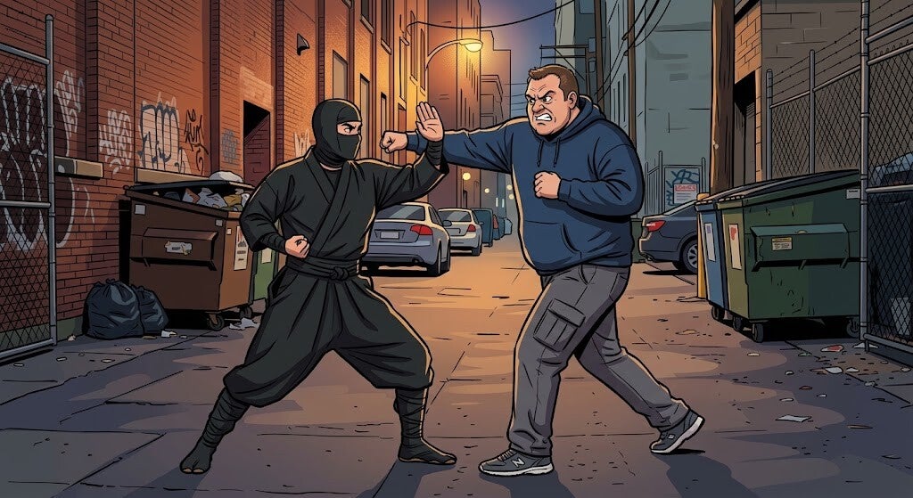 A ninja blocking a punch from a larger attacker