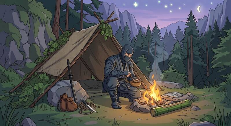 A ninja sitting outside a homemade shelter by a campfire at a ninja survival camp