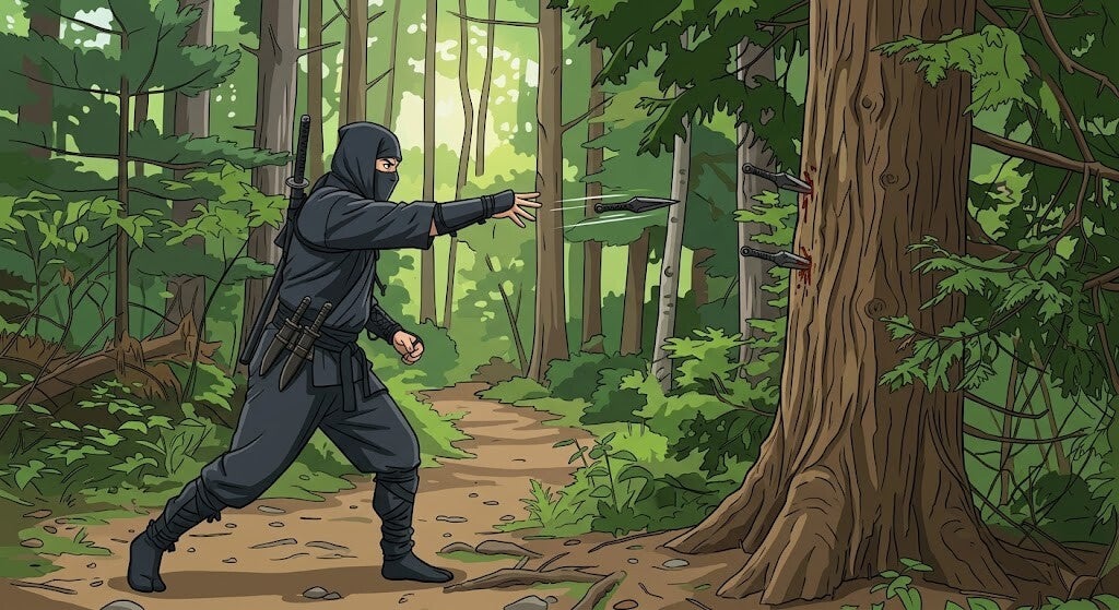 a cartoon picture of a ninja throwing knives at a cedar tree - Black Scorpion Ninjutsu Society