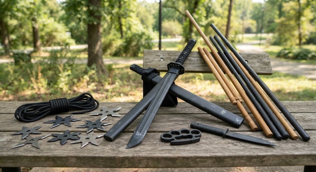 Training safely with 100% practice training weapons during a Black Scorpion Ninjutsu Society session in Barren County