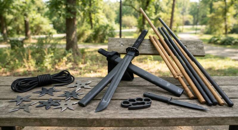 Training safely with 100% practice training weapons during a Black Scorpion Ninjutsu Society session