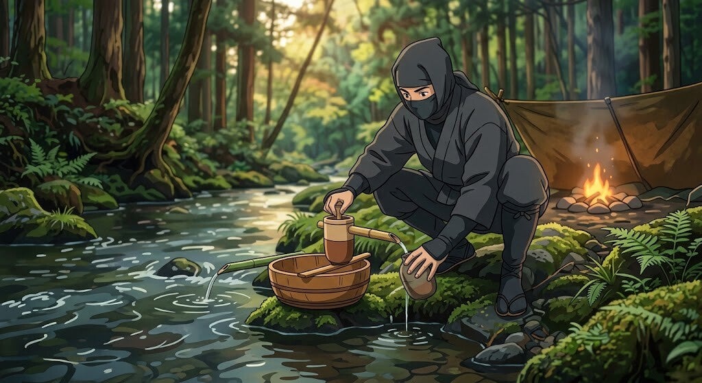 A ninja collecting water in a survival situation