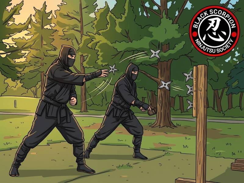 two ninja throwing shuriken at a target. outdoor ninjutsu training in Tennessee