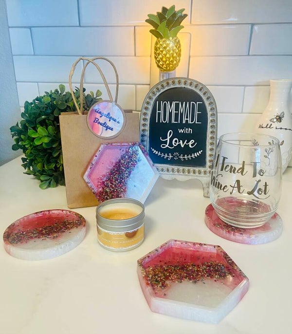 PINK/WHITE/GLITTER SET OF 4 COASTER SET LG