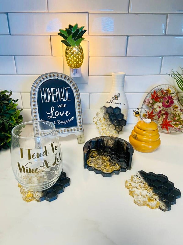 Set of 4 Bee/Honeycomb coasters