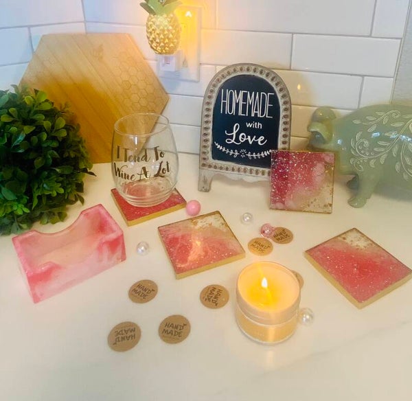 PINK/GOLD SQUARE COASTER SET