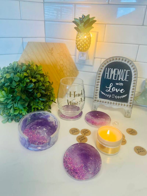 PURPLE/SILVER ROUND COASTER SET
