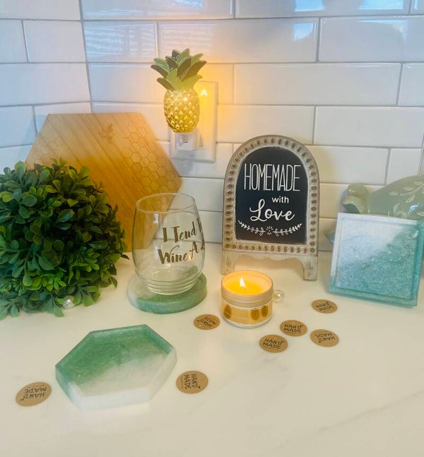 SEAFOAM GREEN/WHITE SET OF 3 LARGE COASTER SET