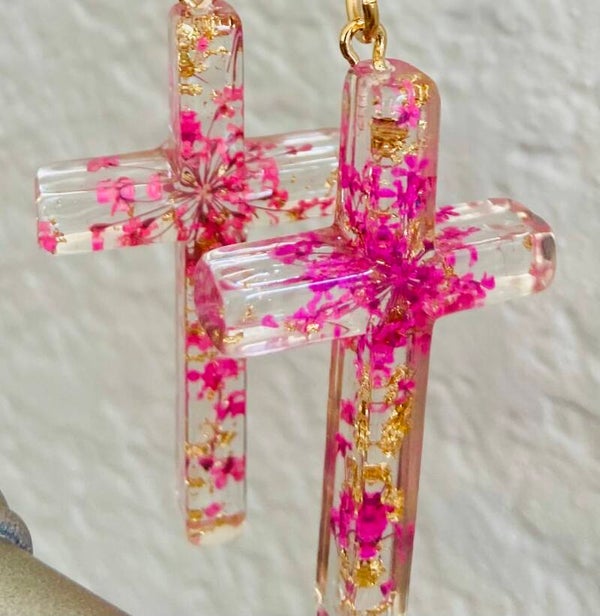 Pressed Flower Cross Key Chain