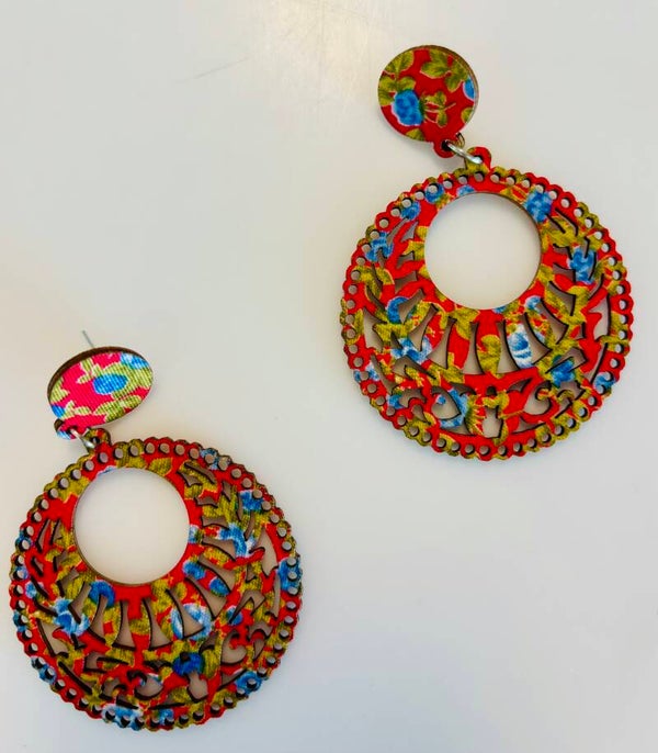 Wooden Boho print dangle earrings