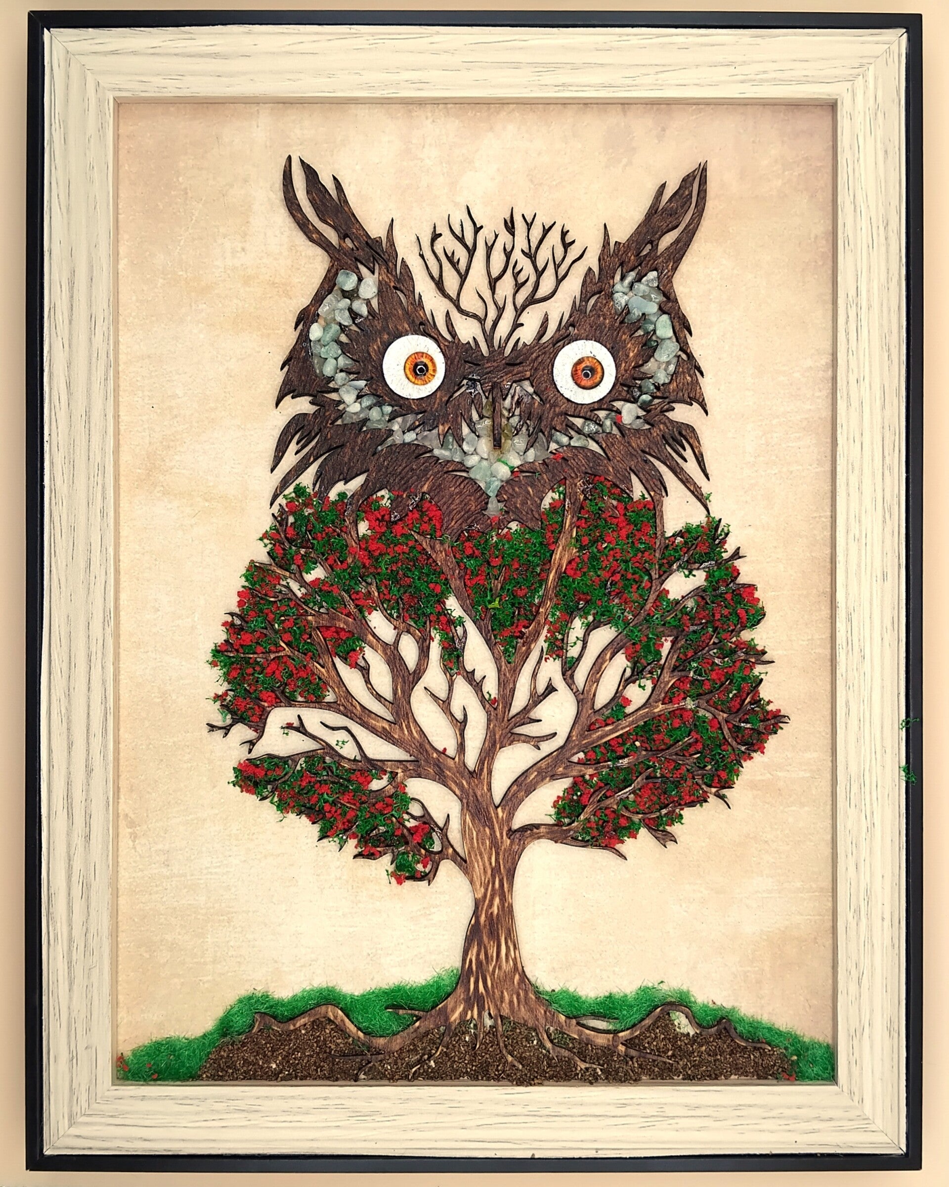 Hibou  arbres fleurs