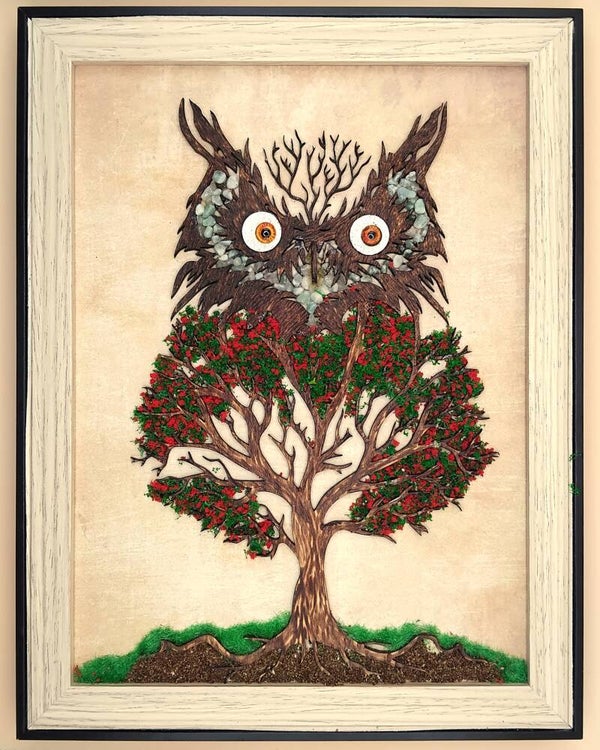 Hibou  arbres fleurs