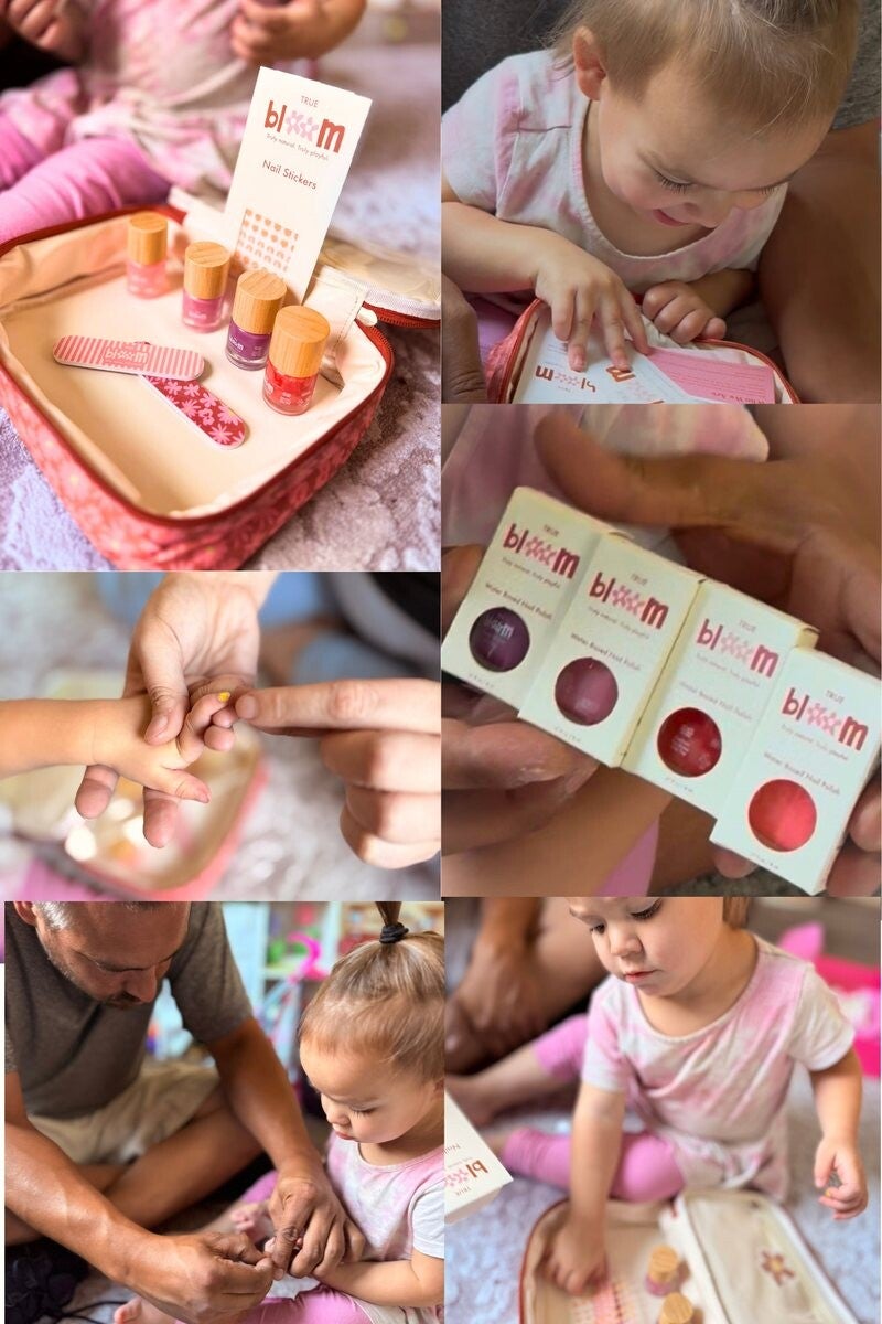 Collage of a toddler trying True Bloom kids' nail polish with dad