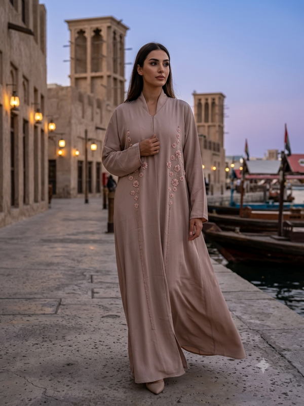 Blush Rose Floral Embellished Abaya (Nude/Pink)