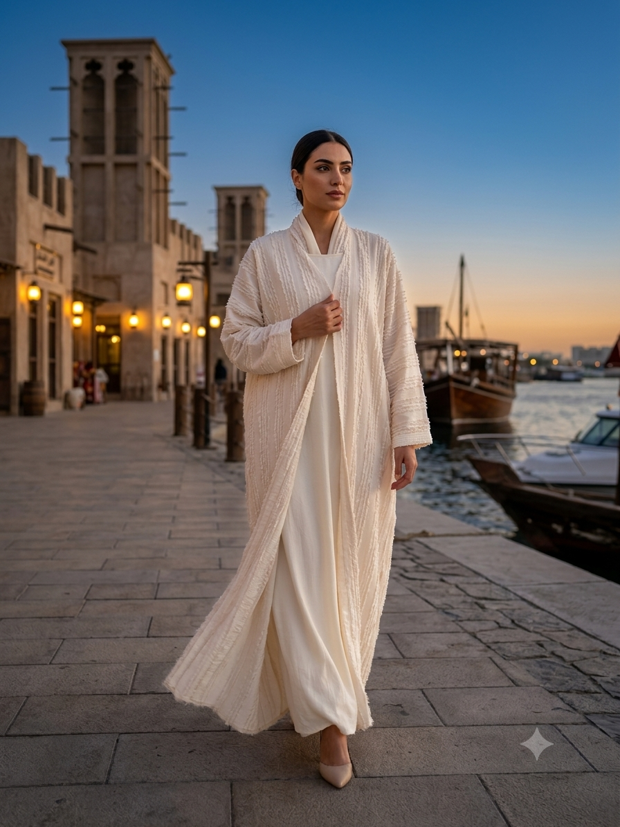 Silver Tassel Silk Overlay Abaya (Pure White)