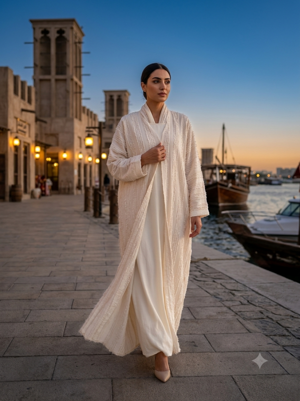 Silver Tassel Silk Overlay Abaya (Pure White)