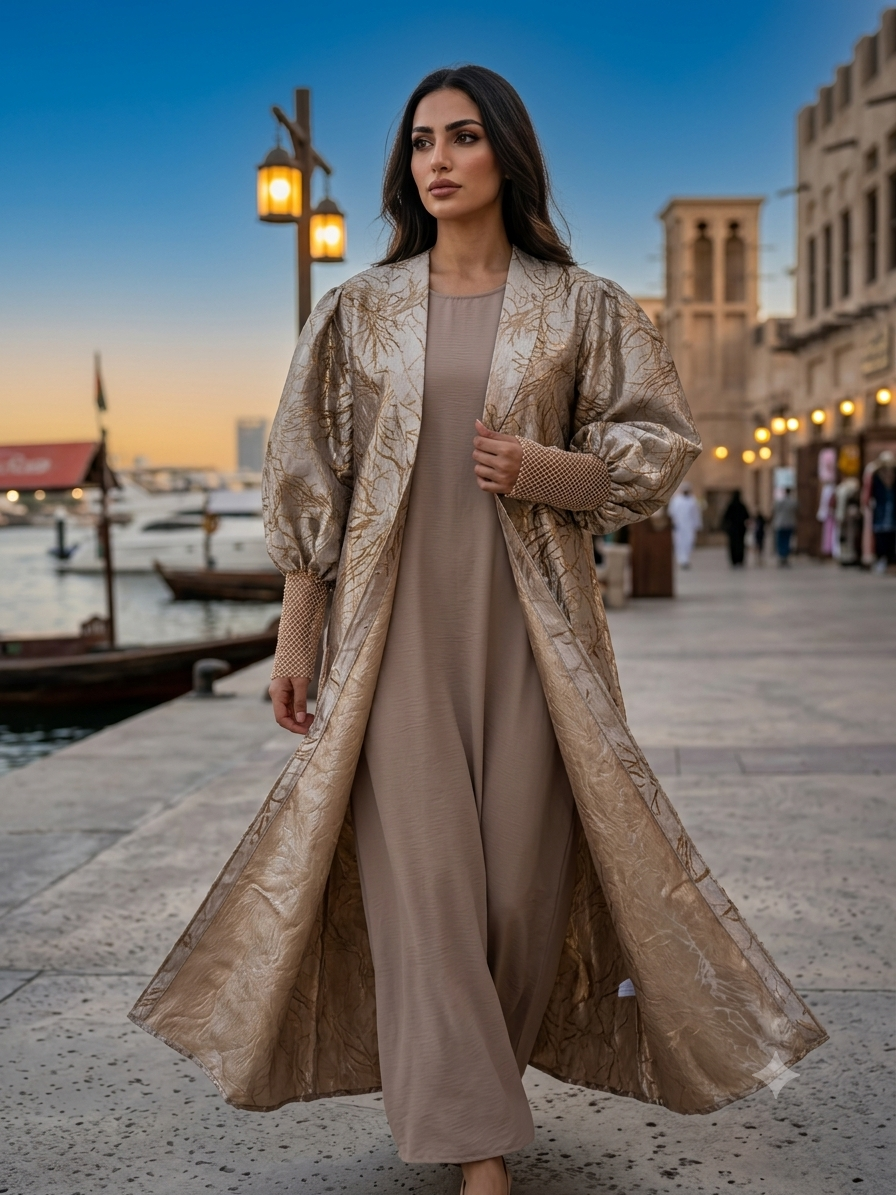 Golden Feather Satin Kimono Abaya (Printed)